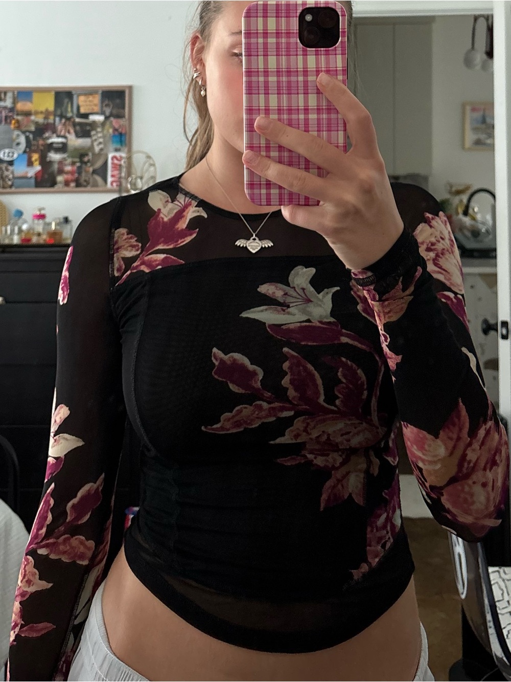 FREE PEOPLE Floral Mesh Long-Sleeve Top